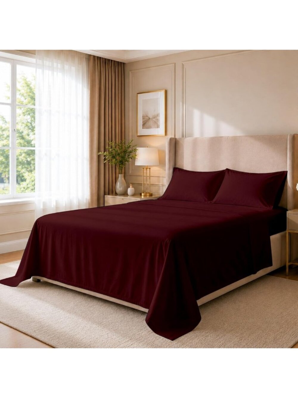 4-Piece Full XL Dorm Bedding Set, Egyptian Cotton, Burgundy - Cozy College